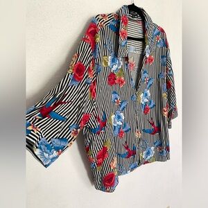 Miss Lili 3X Floral Striped Blouse Bird Print Plus Size Top